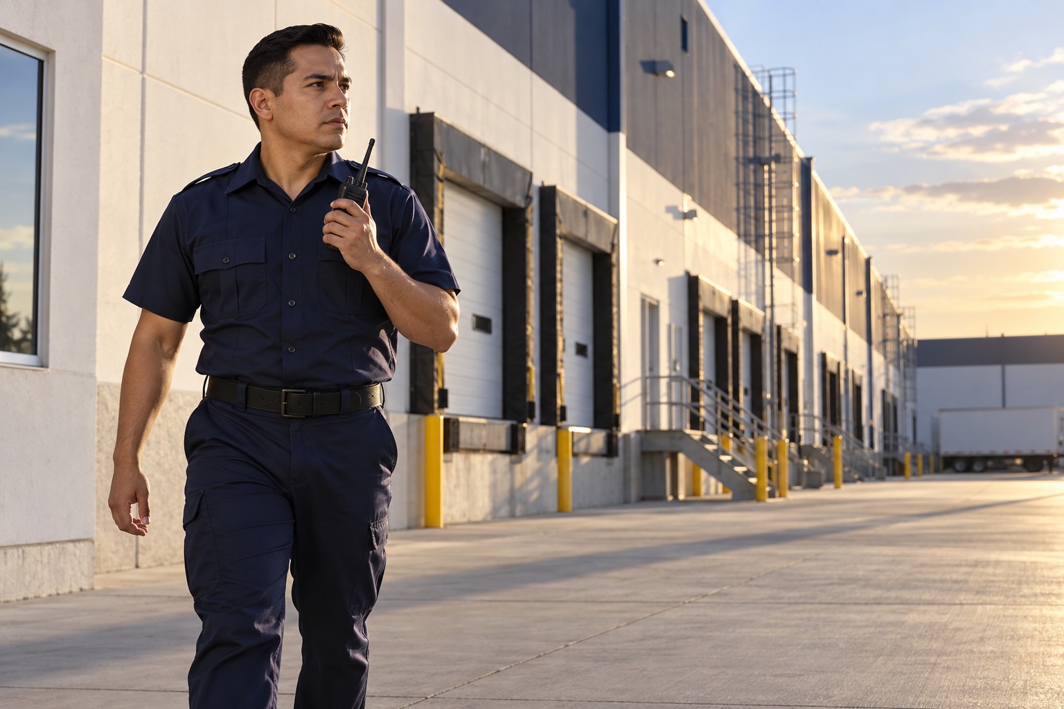 Guardia realizando un recorrido exterior; escena ilustrativa generada con IA